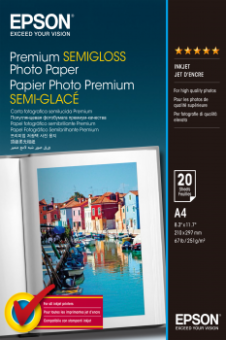 Fotopapier A4 Epson Premium Semigloss, 20 listov, 251 g/m², pololeskl, biely, inkoustov (C13S041332)