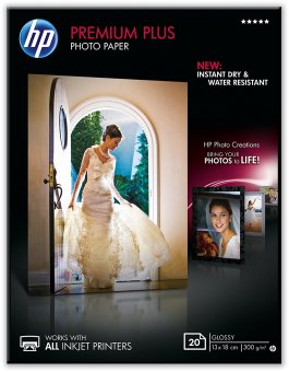 Fotopapier 13 x 18 cm HP Premium Plus Glossy, 20 listov, 300 g/m², lesklý, biely, inkoustový, bez okraja (CR676A)